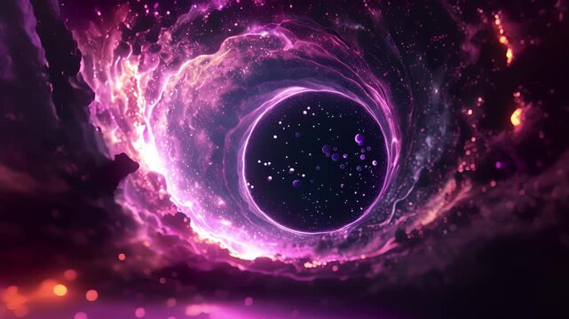 The edge of the black hole glows with a bright purple light as particles are catapulted outwards defying the laws of physics.