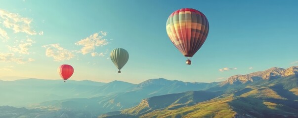 Obraz premium A scenic view of hot air balloons floating over rolling hills and distant mountains under a clear blue sky, evoking adventure and tranquility.