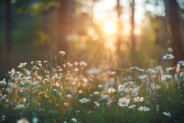 Sunlit Field of Daisies at Sunset