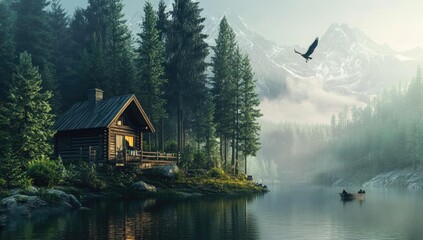 Obraz premium A cabin by a lake in a misty forest.