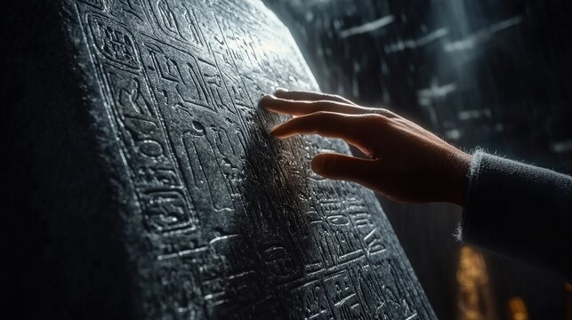A hand gently touches the engraved surface of the Rosetta Stone, revealing ancient inscriptions in a low-light museum setting