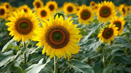 Fototapeta premium A close-up of a bright yellow sunflower in a field of sunflowers.