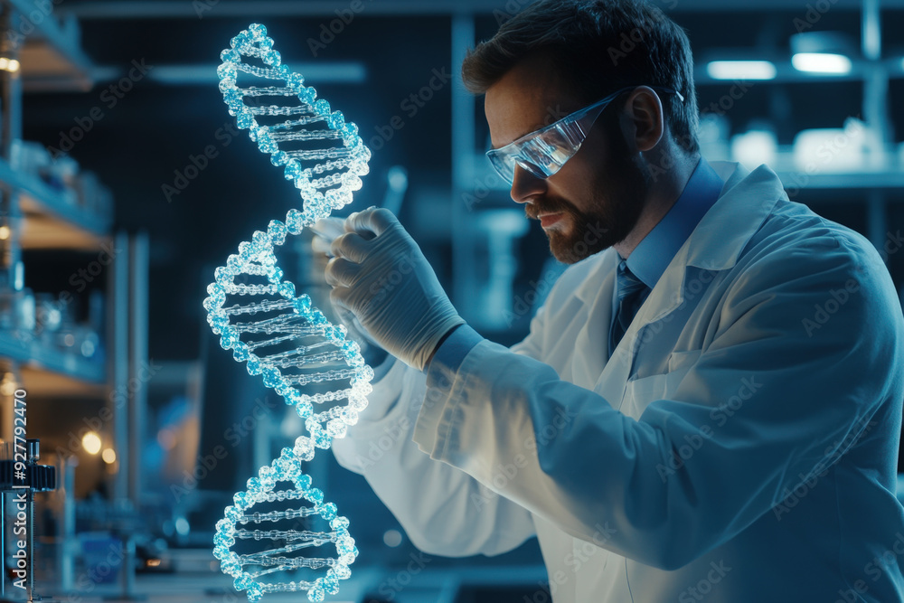 Poster scientist is modifying a dna double helix structure in a modern laboratory