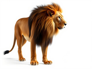 Obraz premium A full-body image of a majestic lion standing proudly with a focused gaze, mane flowing, on a white background.