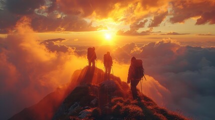 Hikers on a Mountain Peak at Sunset