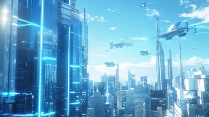 Futuristic Cityscape with Flying Vehicles