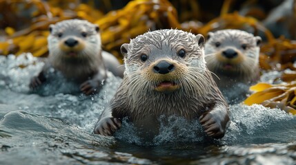 Three Otters Playing in the Water
