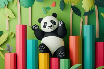 Naklejka premium Cute panda in colorful bar graph jungle