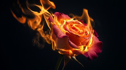 A single rose engulfed in flames,  glowing bright against a dark background.