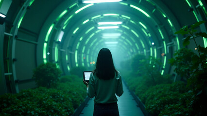 A woman stands in a glowing green tunnel, holding a tablet device.  The futuristic setting emphasizes technological advancement and digital immersion.