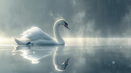 Obraz premium Elegant Swan on a Misty Lake