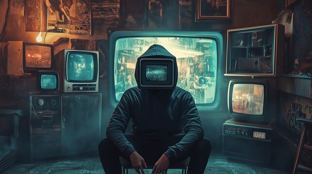 A man with a TV instead of a head. The TV screen glows with a bright bluish light with static, no signal. The Concept of Mind Control Through Media, Propaganda and Manipulation