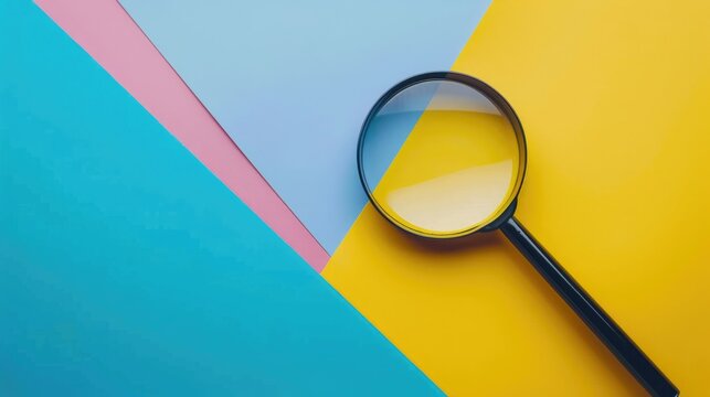 Top view of magnifying glass on colorful paper with empty space for text