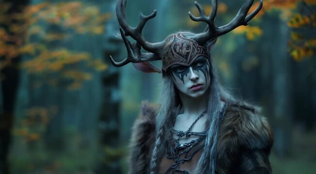 person in fantasy character costume with antlers in the autumn forest.
