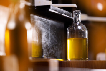 Hydraulic press for production of extra virgin sunflower seed oil to bottle, eco healthy food manufacturing