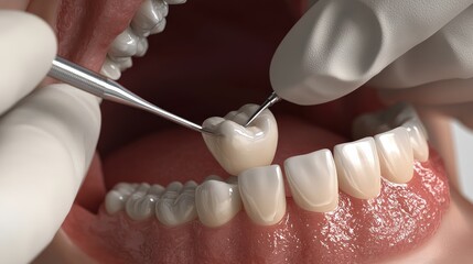 A dental professional carefully applies a dental crown on a patient's tooth in an advanced dental clinic