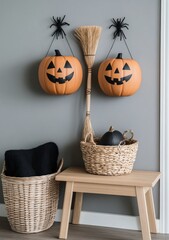 Halloween decoration with pumpkins, spiders, and a broom in a cozy living room