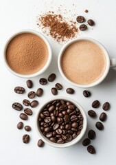 Obraz premium Coffee preparation with grounded beans, cocoa powder, and brewed drink on a white surface