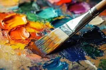 Obraz premium A close-up of an artists palette with vibrant oil paints - thick, textured smears of color, with a paintbrush resting on the edge.