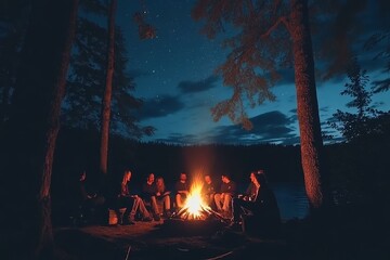 A group of friends around a campfire under a starry night sky - the firelight illuminating their faces, laughter and stories shared.