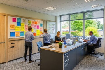 A modern office with employees engaged in a creative brainstorming session - laptops and tablets on the table.