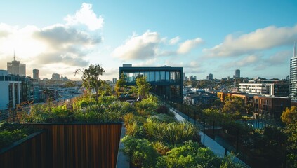 Obraz premium Green rooftop garden with city view and wood fence.