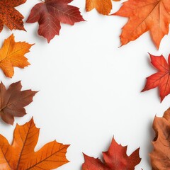 Colorful autumn leaves arranged in a circular pattern on a white background