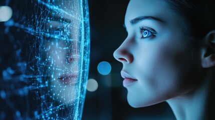 Woman looking at digital interface with blue futuristic network on dark background, highlighting concept of human interaction with artificial intelligence technologies