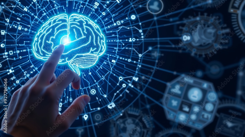 Poster glowing neural network, human brain connected to technology, a hand pointing towards a glowing brain