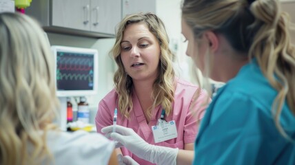 Obraz premium nurse assisting patient with injection, healthcare teamwork, treatment support