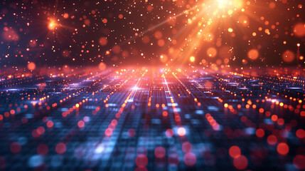 Fototapeta premium Digital Grid and Particles: A digital grid with floating particles and light beams, with copy space