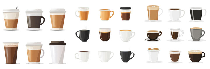 A set of different coffee cups isolated on a transparent background