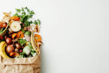 Different fresh food waste in paper bag for composting on white background
