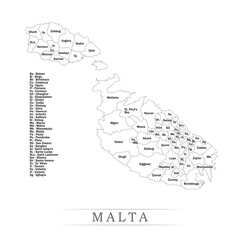 Administrative regions of MALTA. Province, state, division name with white map with black outline. Vector illustration