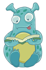 Fantastic monster sits and reads book. Cheerful cute creature in school library. Vector isolated image for t-shirt stickers magnets postcards and design