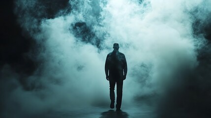 A solitary figure walks through a misty landscape, enveloped in swirling fog.