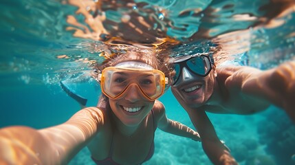 Fototapeta premium Underwater selfie of a happy couple snorkeling in the ocean.