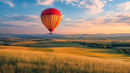 Naklejka premium Hot air balloon with passengers flying under green field nature forest composition background