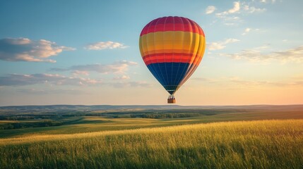 Fototapeta premium Hot air balloon with passengers flying under green field nature forest composition background