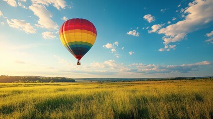 Fototapeta premium Hot air balloon with passengers flying under green field nature forest composition background
