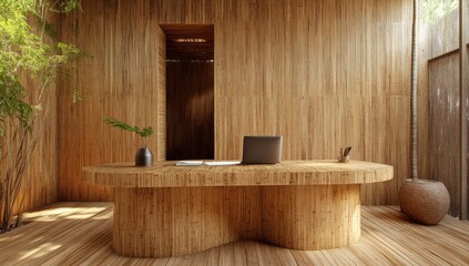 Modern wooden office with a laptop on a desk.