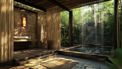 Bamboo bathroom with outdoor waterfall pool.