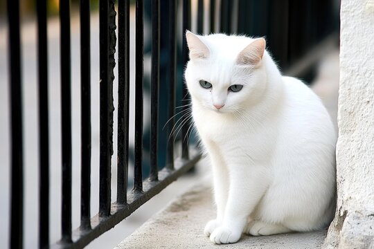 Sad White Cat Sitting by Fence Highlighting Animal Cruelty Awareness