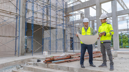 Two Asian engineer working at site of a large building project,Work overtime at construction...