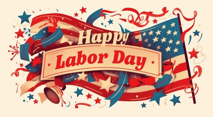 Happy Labor Day" Bold Lettering with American Flag Background in Vintage Style – Red, White, and Blue Color Scheme

