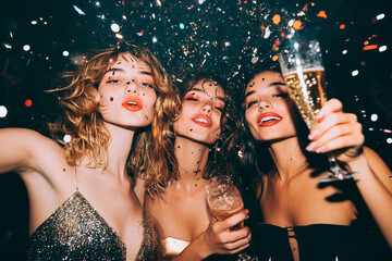 AI generated photo of beautiful girls celebrating New Year's Eve with champagne and confetti. Festive sparkle New year's party