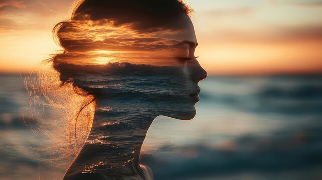Double exposure photo of a woman with a sunset and ocean waves.