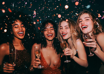AI generated photo of beautiful girls celebrating New Year's Eve with champagne and confetti. Festive sparkle New year's party