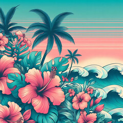 A background of vibrant teal and pink with tropical imagery.