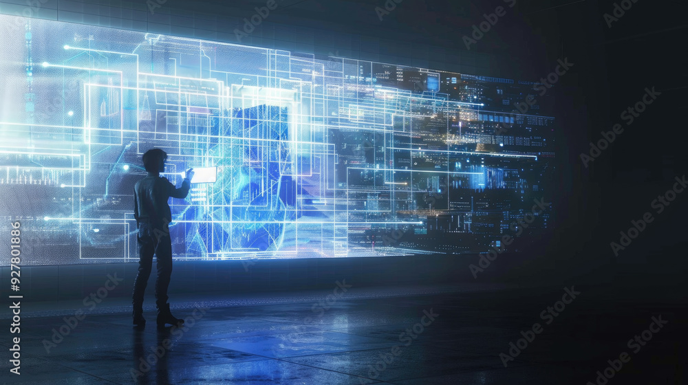 Poster a figure engages with advanced holographic data and technology in a darkened setting